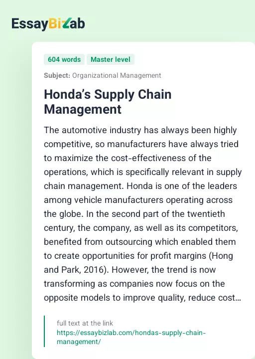 Honda’s Supply Chain Management - Essay Preview