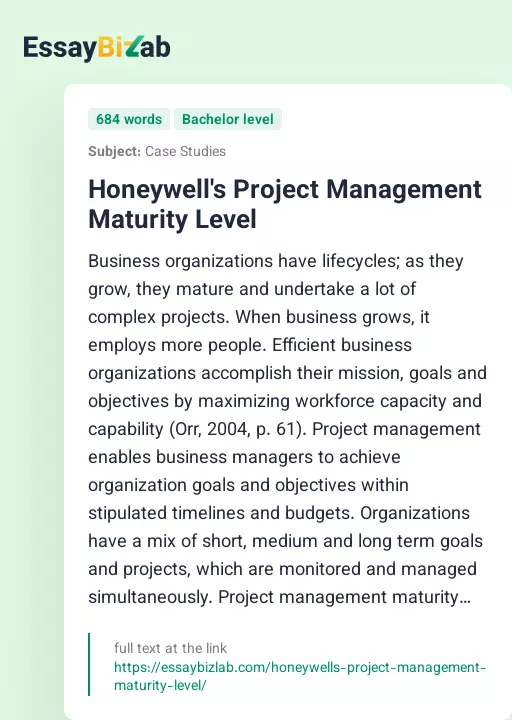 Honeywell's Project Management Maturity Level - Essay Preview