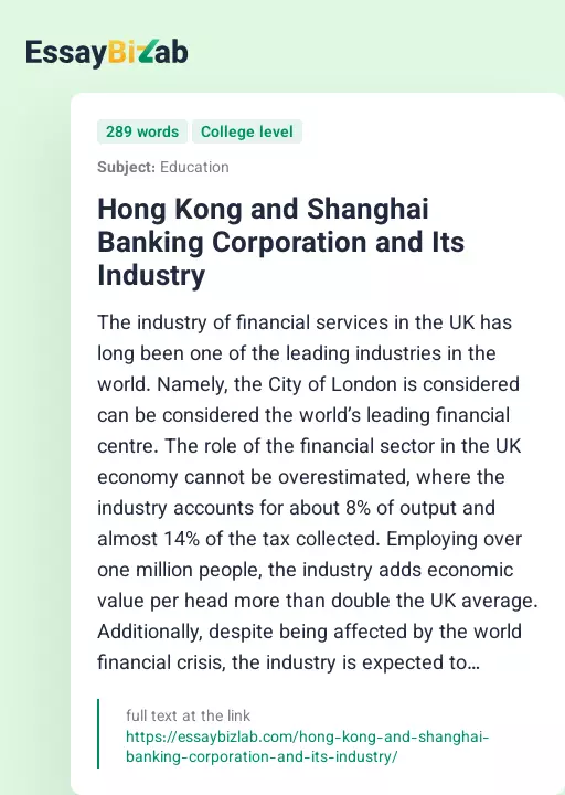Hong Kong and Shanghai Banking Corporation and Its Industry - Essay Preview
