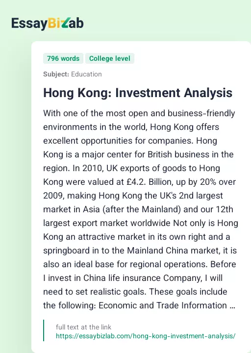 Hong Kong: Investment Analysis - Essay Preview