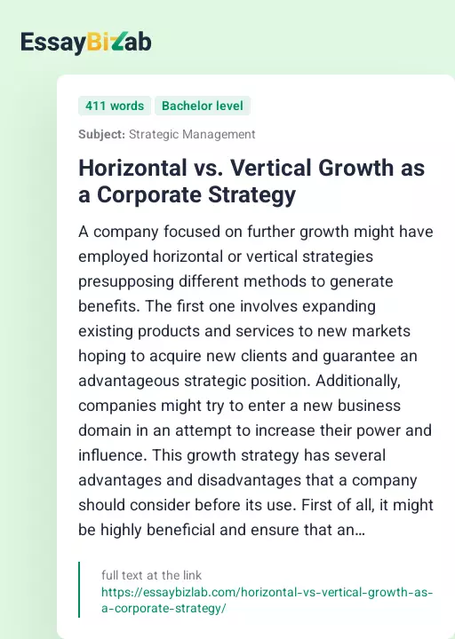 Horizontal vs. Vertical Growth as a Corporate Strategy - Essay Preview