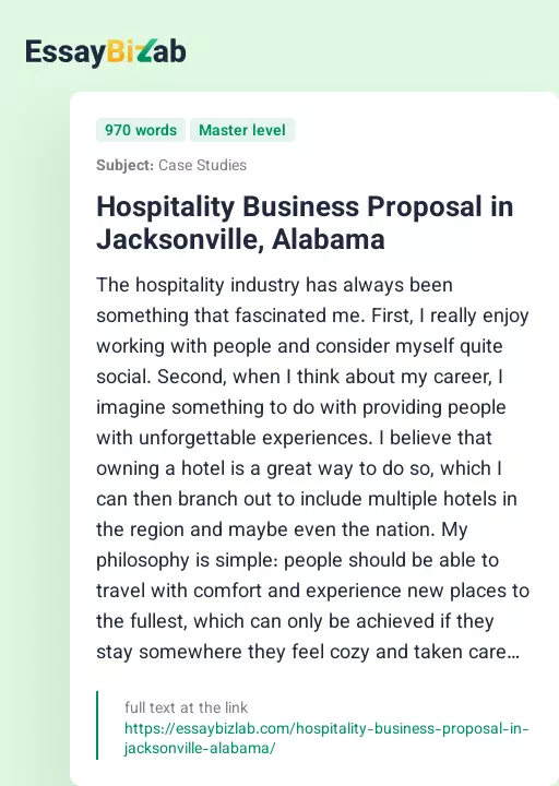 Hospitality Business Proposal in Jacksonville, Alabama - Essay Preview