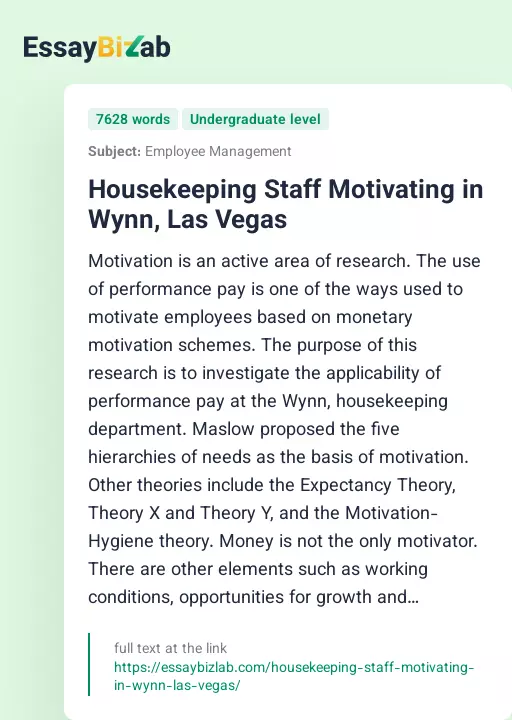 Housekeeping Staff Motivating in Wynn, Las Vegas - Essay Preview