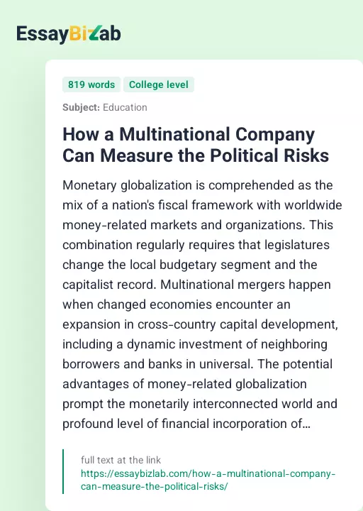 How a Multinational Company Can Measure the Political Risks - Essay Preview