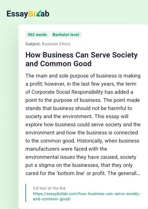 How Business Can Serve Society and Common Good - Essay Preview