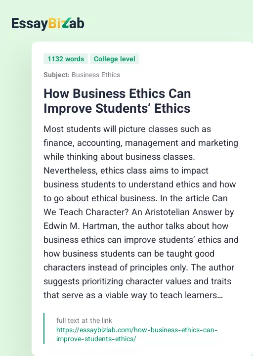 How Business Ethics Can Improve Students’ Ethics - Essay Preview