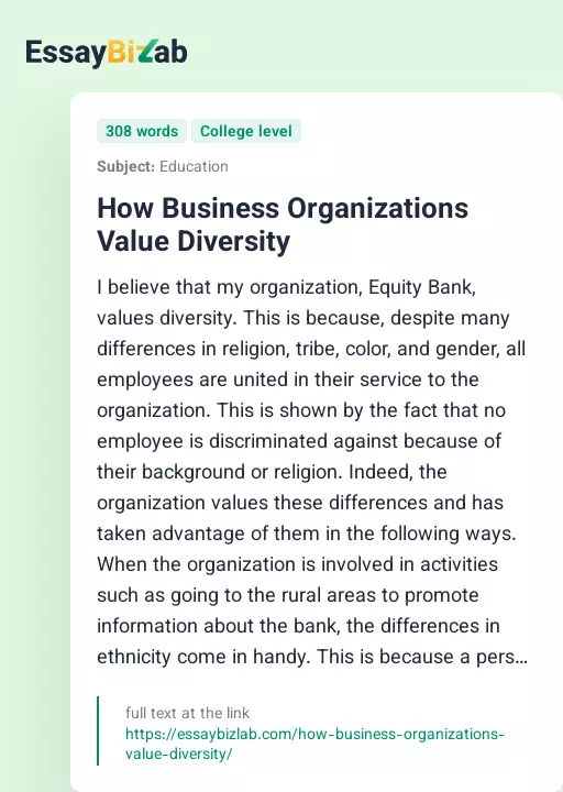 How Business Organizations Value Diversity - Essay Preview