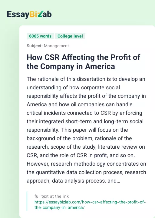 How CSR Affecting the Profit of the Company in America - Essay Preview
