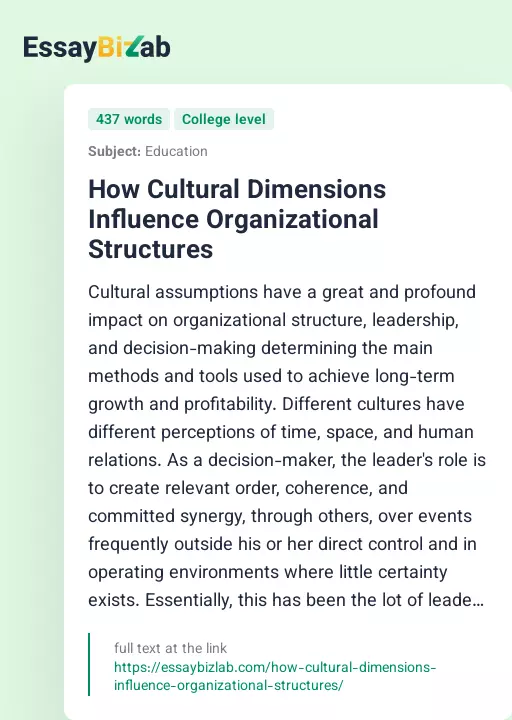 How Cultural Dimensions Influence Organizational Structures - Essay Preview