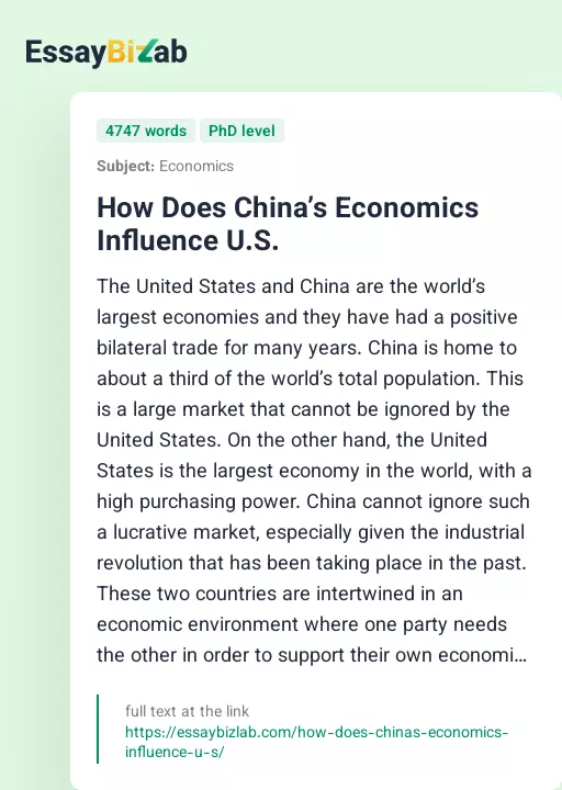 How Does China’s Economics Influence U.S. - Essay Preview