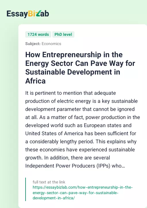 How Entrepreneurship in the Energy Sector Can Pave Way for Sustainable Development in Africa - Essay Preview