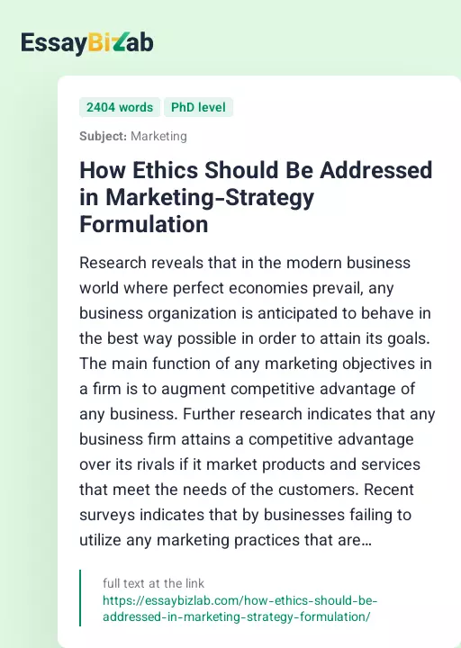 How Ethics Should Be Addressed in Marketing-Strategy Formulation - Essay Preview