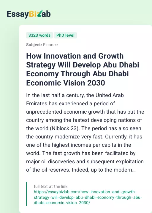 How Innovation and Growth Strategy Will Develop Abu Dhabi Economy Through Abu Dhabi Economic Vision 2030 - Essay Preview