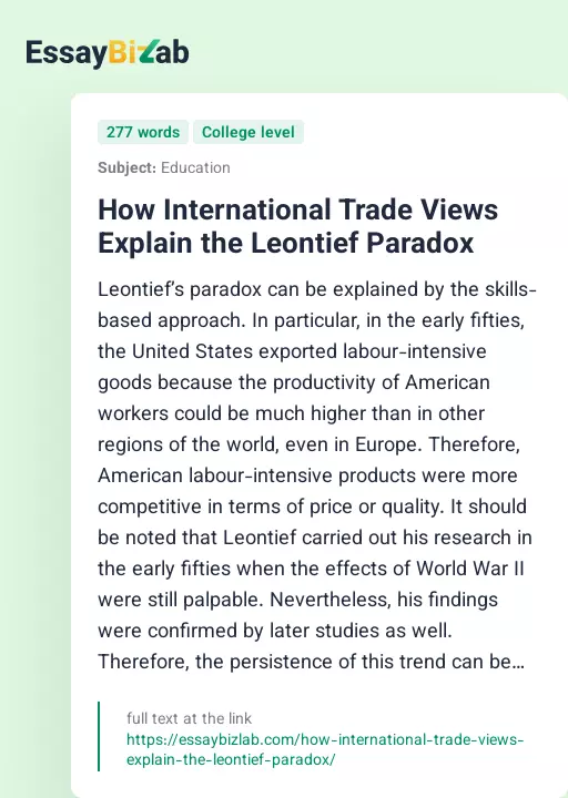 How International Trade Views Explain the Leontief Paradox - Essay Preview