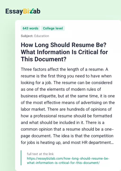 How Long Should Resume Be? What Information Is Critical for This Document? - Essay Preview