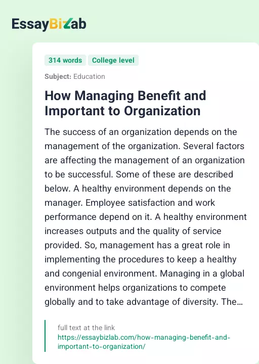 How Managing Benefit and Important to Organization - Essay Preview