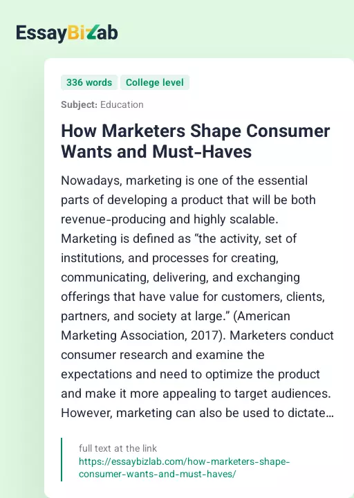 How Marketers Shape Consumer Wants and Must-Haves - Essay Preview