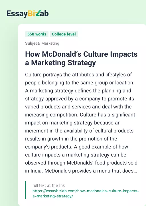 How McDonald’s Culture Impacts a Marketing Strategy - Essay Preview