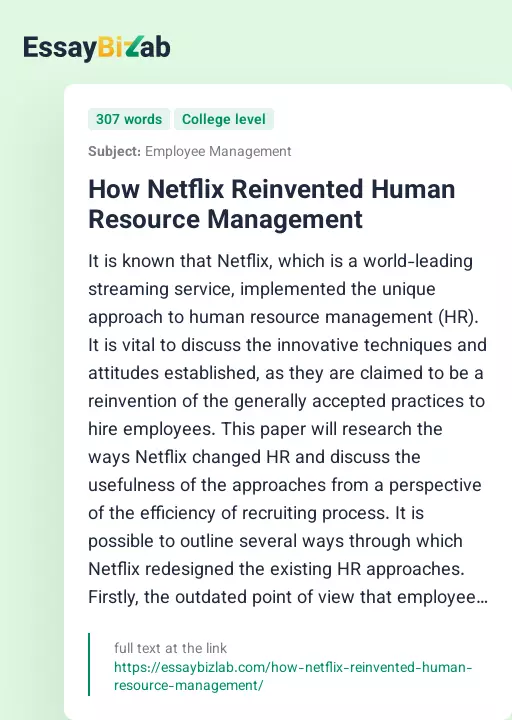 How Netflix Reinvented Human Resource Management - Essay Preview