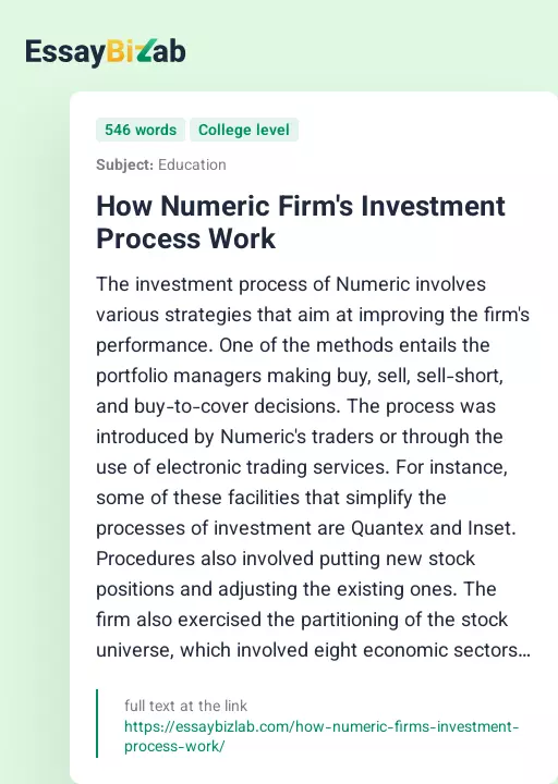 How Numeric Firm's Investment Process Work - Essay Preview