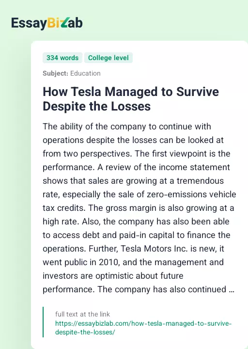How Tesla Managed to Survive Despite the Losses - Essay Preview
