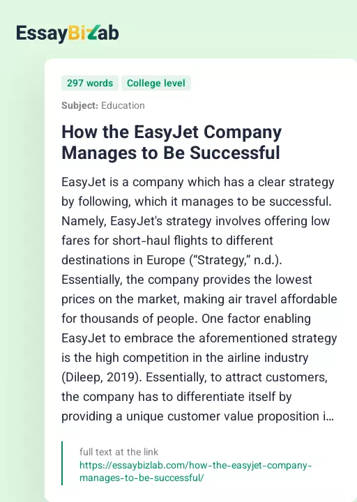 How the EasyJet Company Manages to Be Successful - Essay Preview
