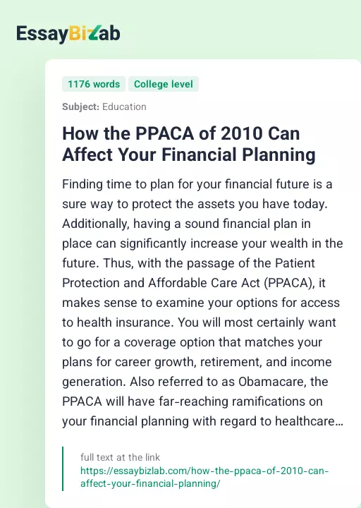 How the PPACA of 2010 Can Affect Your Financial Planning - Essay Preview