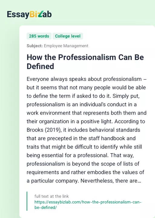 How the Professionalism Can Be Defined - Essay Preview