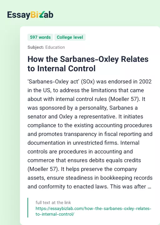 How the Sarbanes-Oxley Relates to Internal Control - Essay Preview