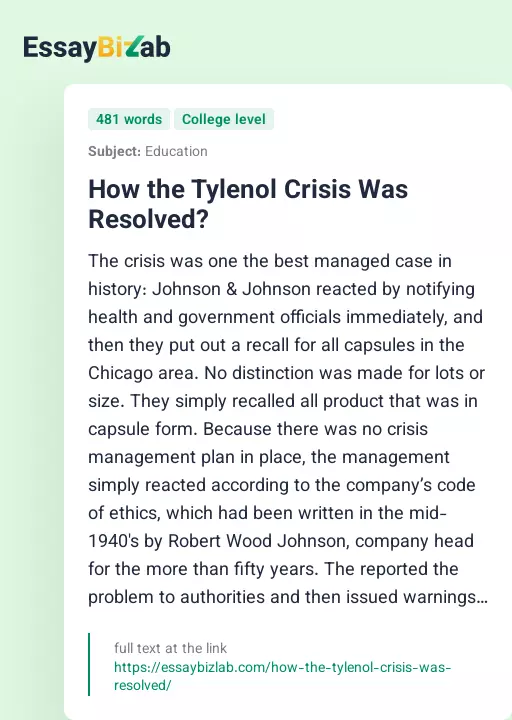 How the Tylenol Crisis Was Resolved? - Essay Preview