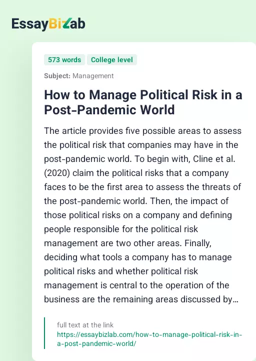 How to Manage Political Risk in a Post-Pandemic World - Essay Preview