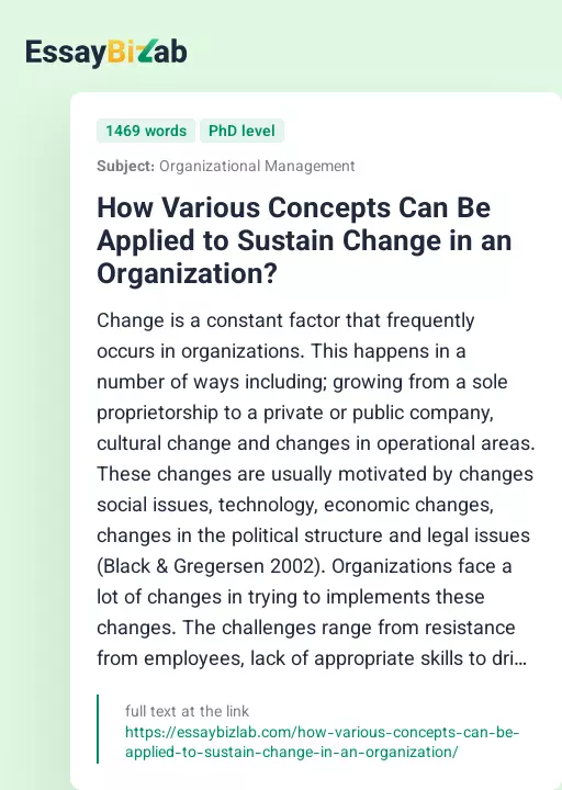 How Various Concepts Can Be Applied to Sustain Change in an Organization? - Essay Preview