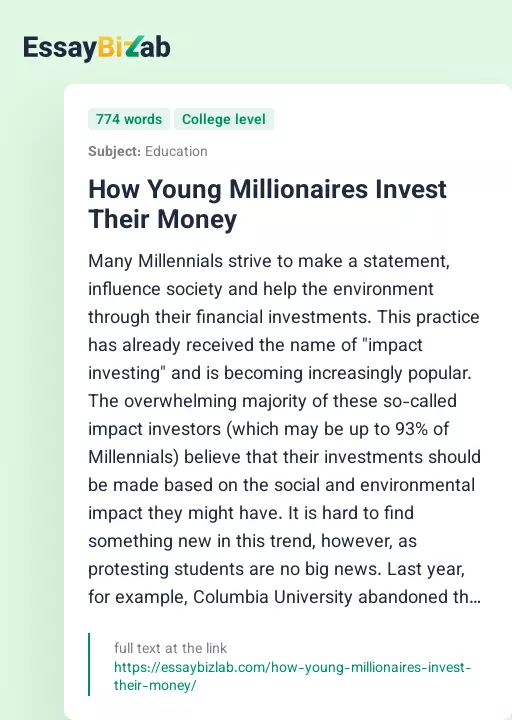 How Young Millionaires Invest Their Money - Essay Preview