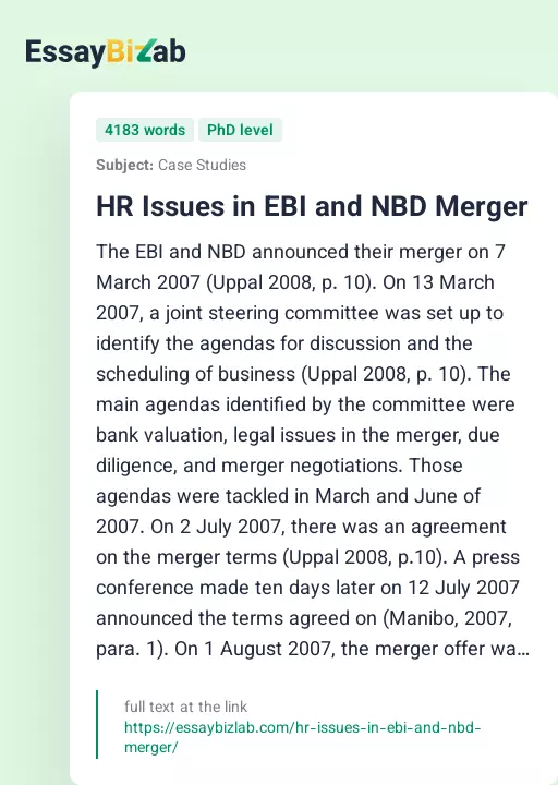HR Issues in EBI and NBD Merger - Essay Preview