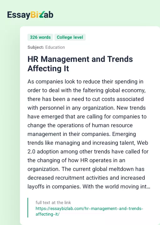 HR Management and Trends Affecting It - Essay Preview