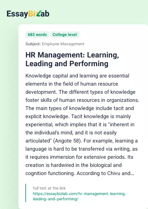 HR Management: Learning, Leading and Performing - Essay Preview