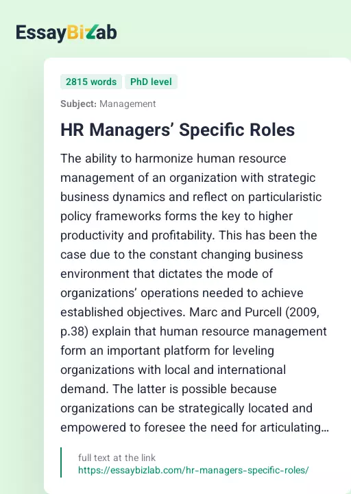HR Managers’ Specific Roles - Essay Preview