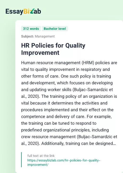 HR Policies for Quality Improvement - Essay Preview