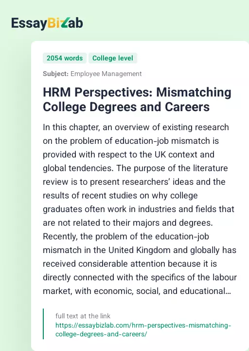 HRM Perspectives: Mismatching College Degrees and Careers - Essay Preview