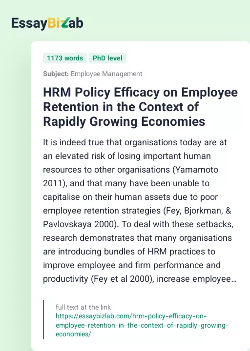 HRM Policy Efficacy on Employee Retention in the Context of Rapidly Growing Economies - Essay Preview
