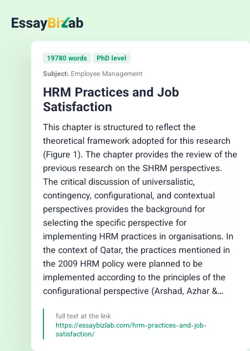 HRM Practices and Job Satisfaction - Essay Preview