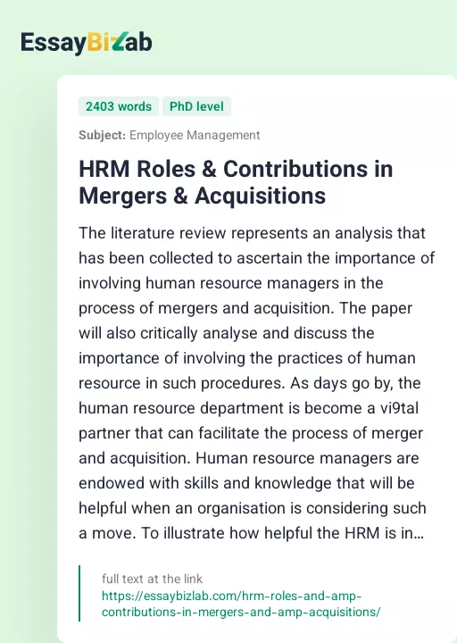 HRM Roles & Contributions in Mergers & Acquisitions - Essay Preview