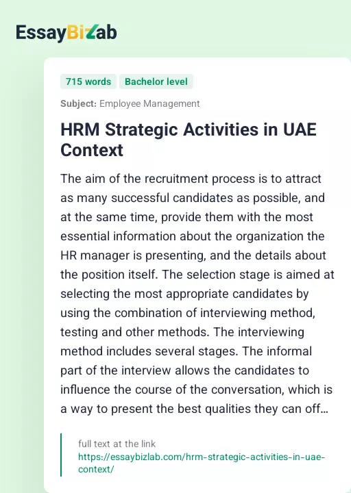 HRM Strategic Activities in UAE Context - Essay Preview