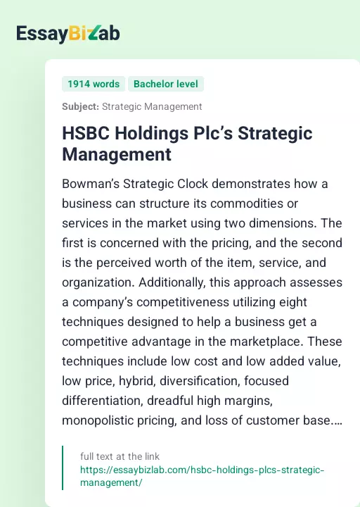 HSBC Holdings Plc’s Strategic Management - Essay Preview