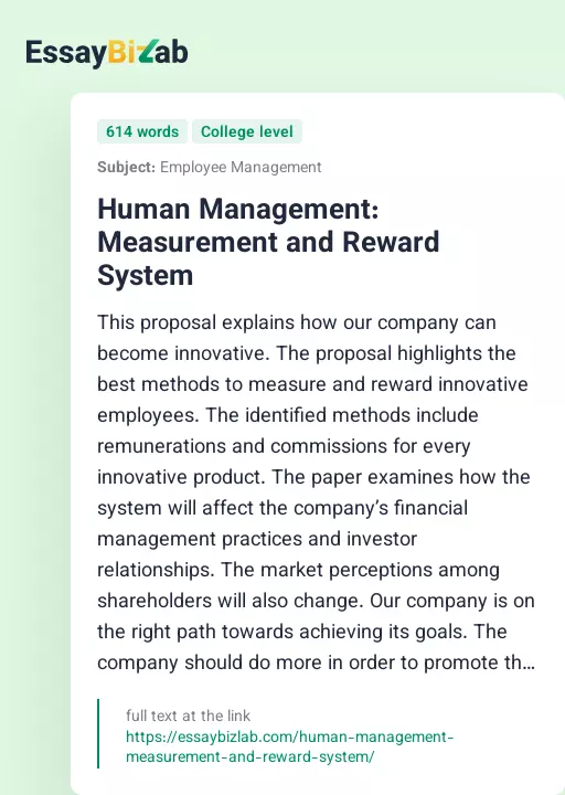 Human Management: Measurement and Reward System - Essay Preview
