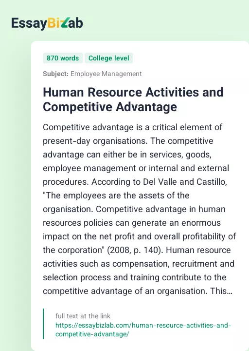 Human Resource Activities and Competitive Advantage - Essay Preview