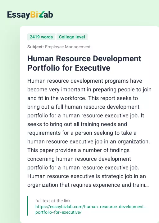 Human Resource Development Portfolio for Executive - Essay Preview