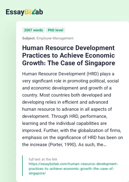 Human Resource Development Practices to Achieve Economic Growth: The Case of Singapore - Essay Preview