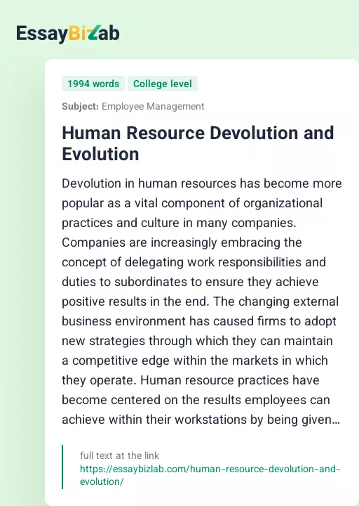 Human Resource Devolution and Evolution - Essay Preview