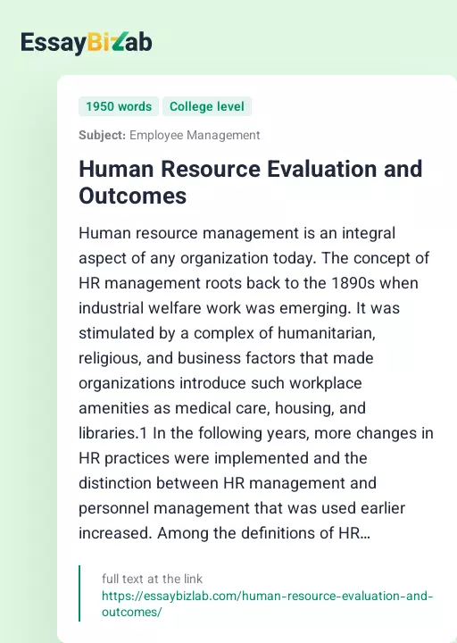Human Resource Evaluation and Outcomes - Essay Preview